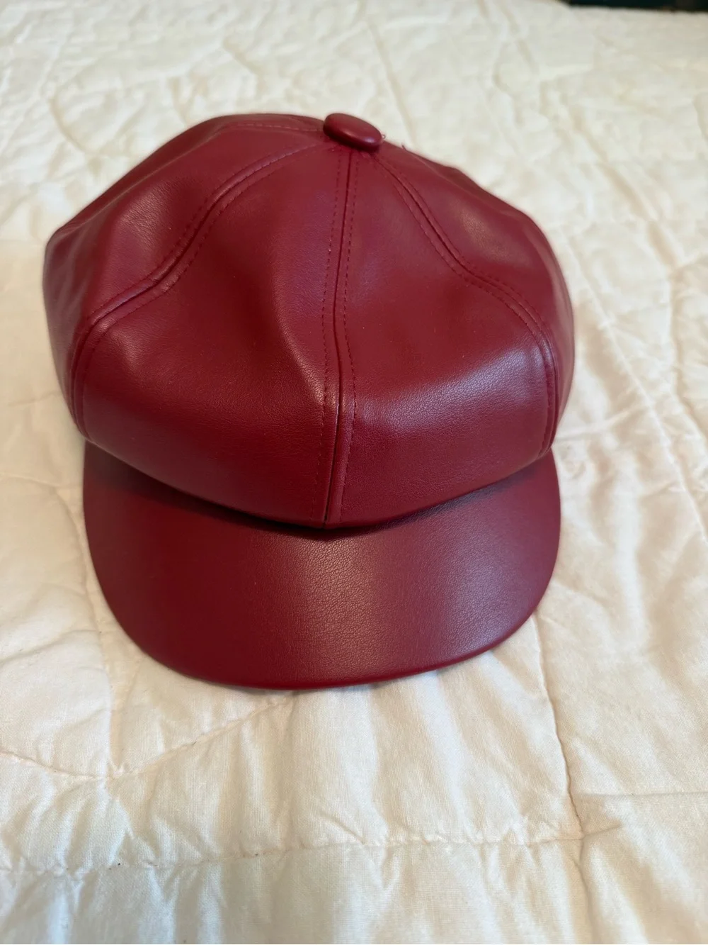 Unisex Red Faux Leather Newsboy Cap